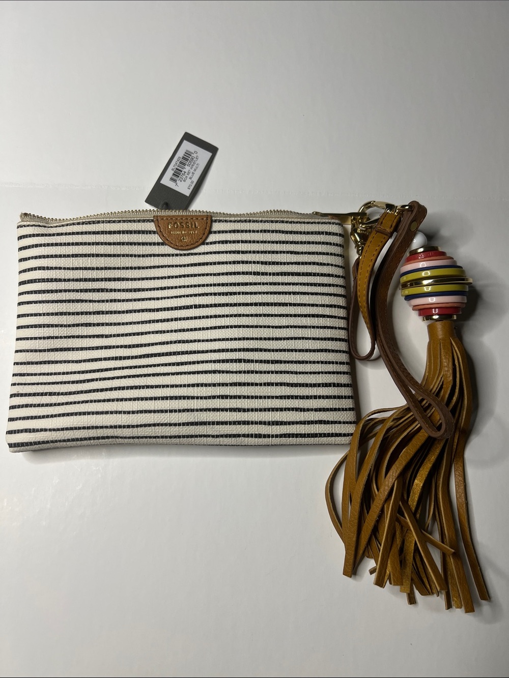 NWT Fossil Black and White Striped Canvas Wristlet / Clutch with Tassel Charm